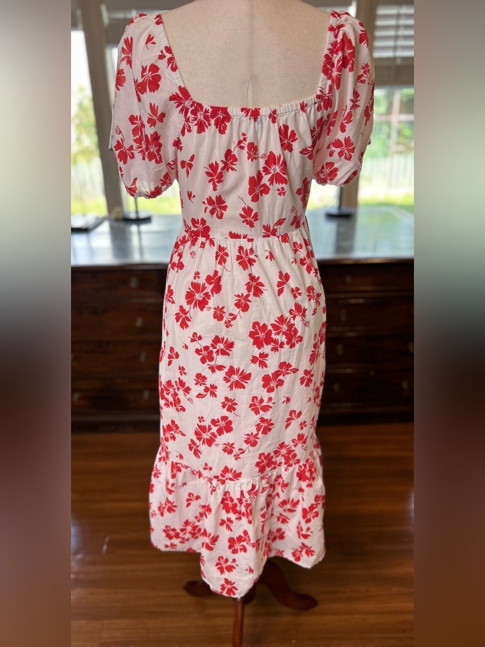 Red Floral Puff Sleeve Midi Dress White Cotton Cottagecore Feminine Chic | 12 - Picture 3 of 8